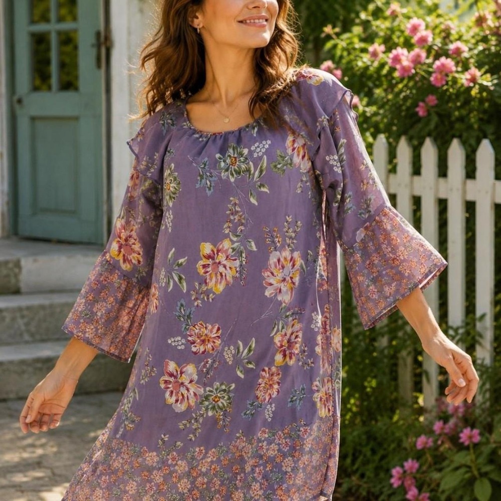 Blue Rain Floral Shift Dress Womens Medium Purple Ruffle Bell Sleeve Cottagecore